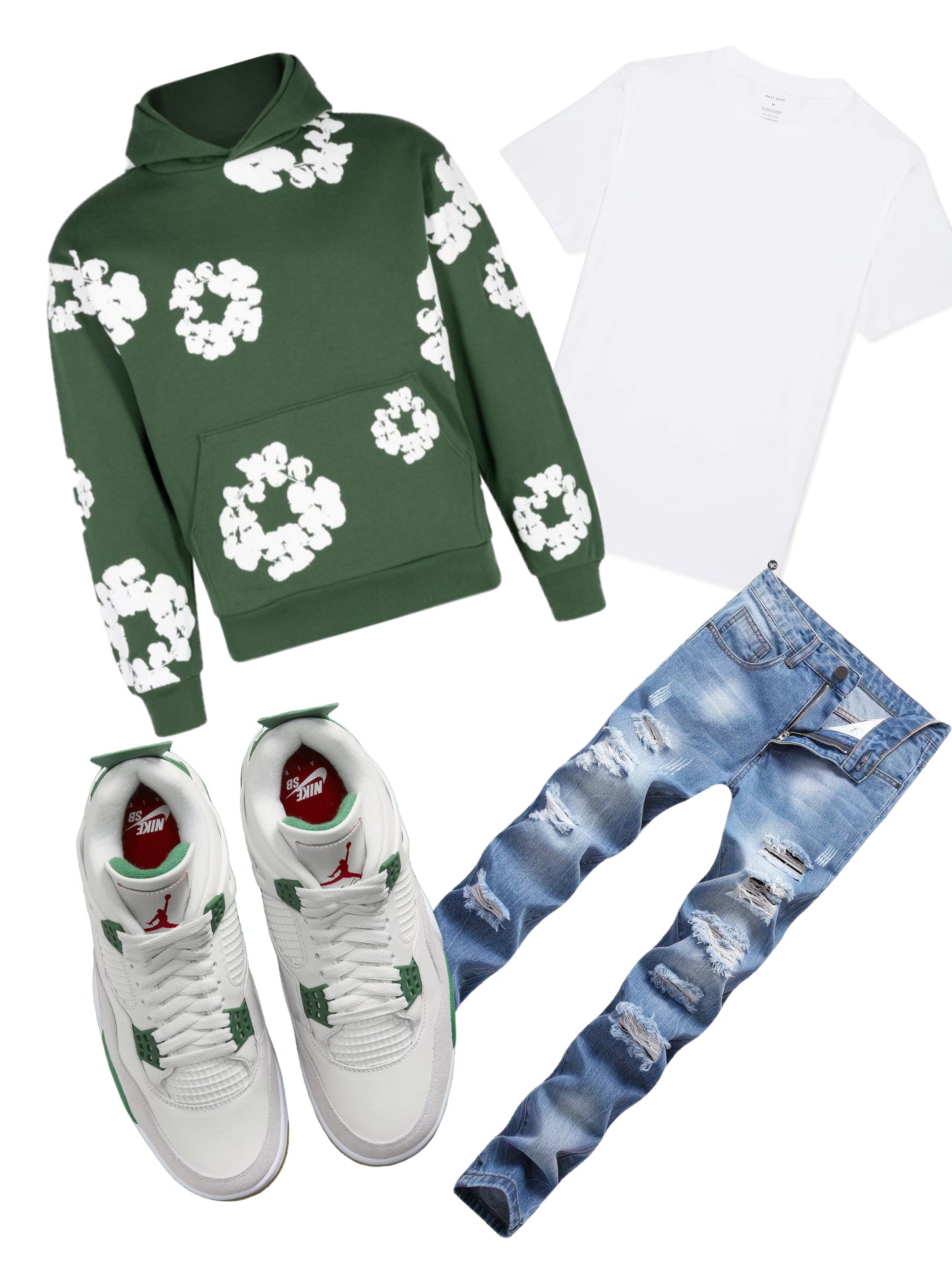 Green denim tears outfit