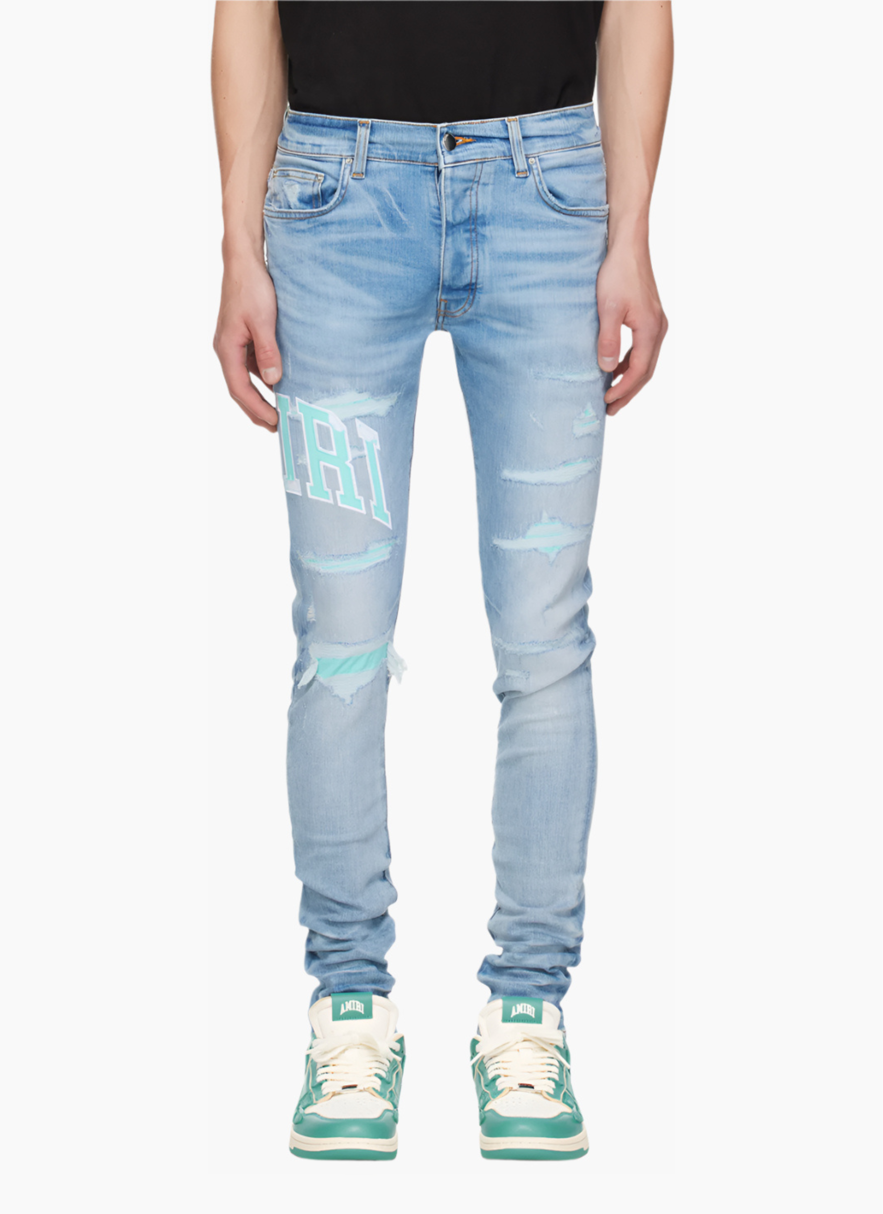 AMIRI APPLIQUÉD LOGO JEANS-cyan