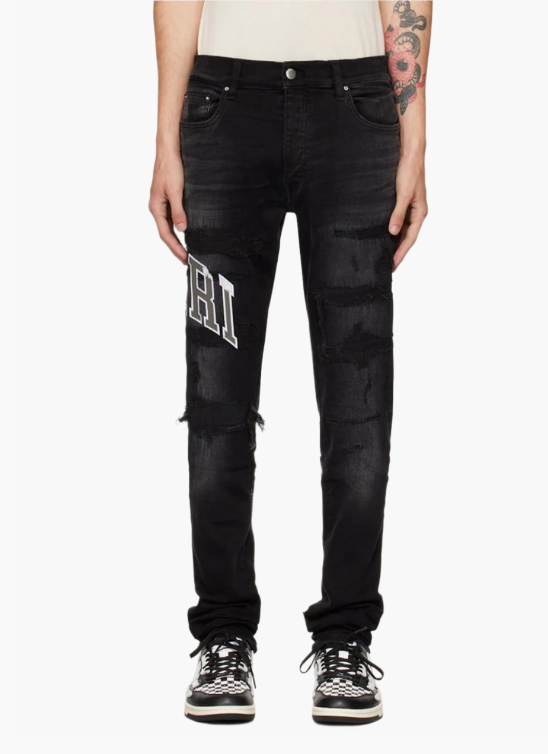 AMIRI VARSITY LOGO REPAIR JEANS-black