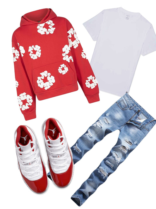 Red denim tears outfit