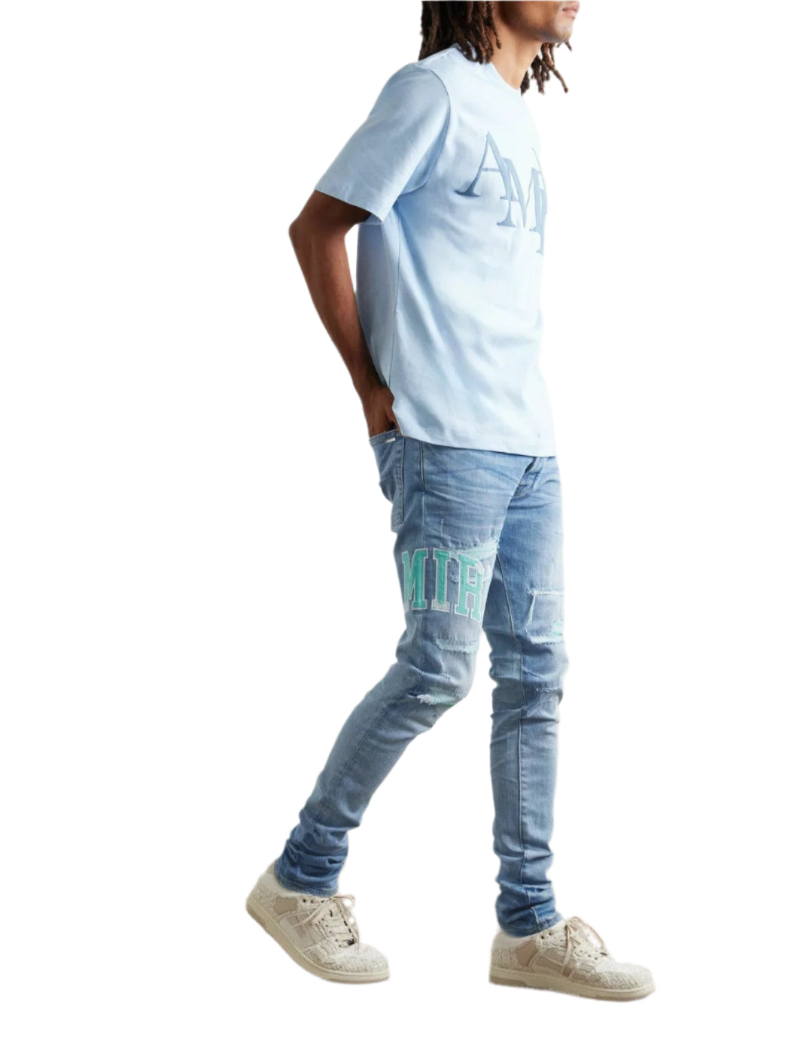 AMIRI APPLIQUÉD LOGO JEANS-cyan