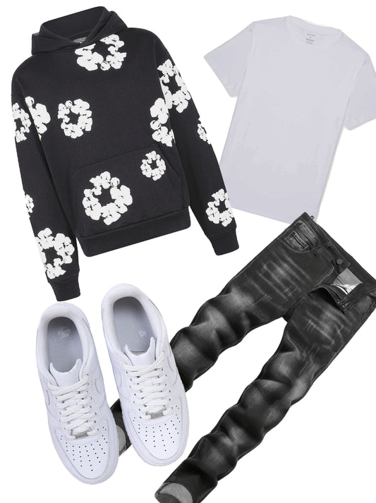 Black and white denim tears outfit