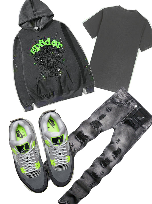 Dark grey and lime sp5der outfit